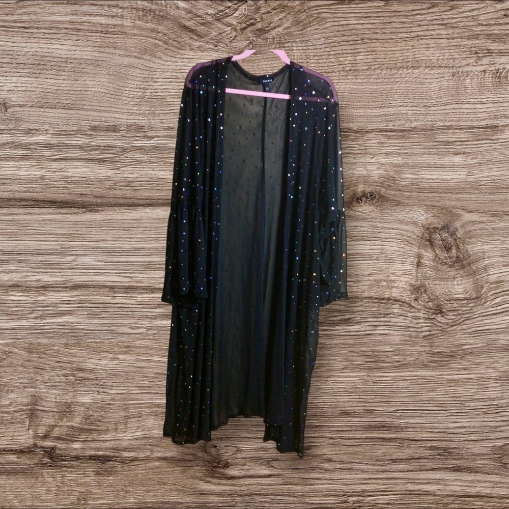 Torrid 5/6 Black Mesh & Iridescent Star Bell Sleeve Longline Kimono - Picture 4 of 10